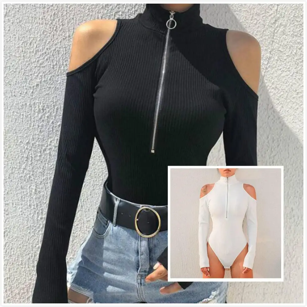 Sexy Off Shoulder Black Bodysuit Long Sleeve High Neck Zipper Bodycon Jumpsuit Romper Ladies Sexy Jumpsuit One Piece Mono Mujer