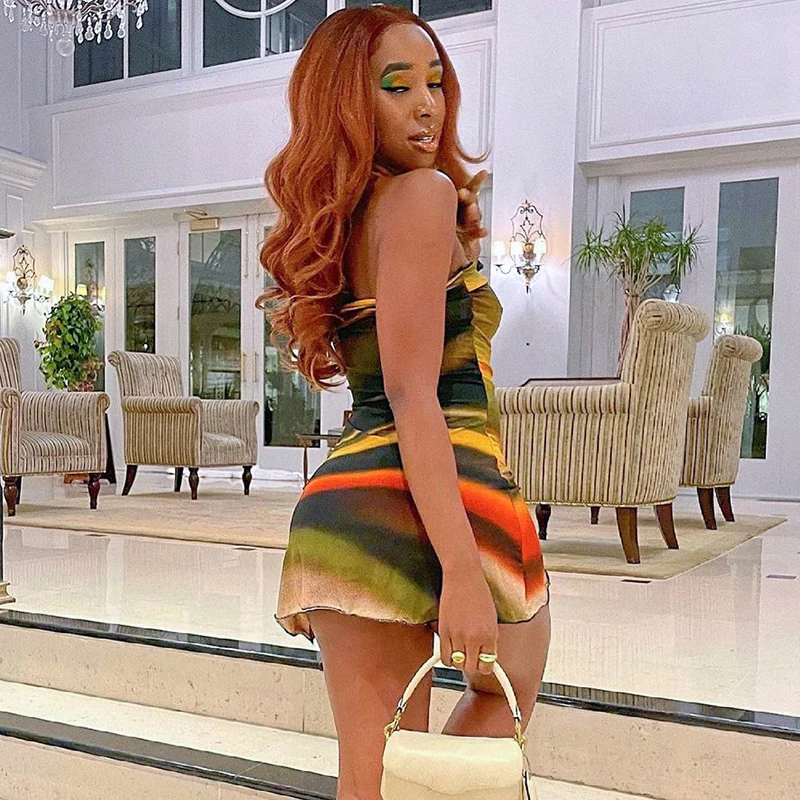 

CIBBAR Colorful Printing Off Shoulder Strapless Mini Dress Women Sexy Clubwear Sleeveless Bodycon Dresses Vintage Fashion Skirts