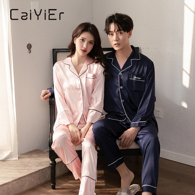 CAIYIER Solid Loves Pajamas Set Sexy Silk Satin Couple Sleepwear Men & Women Nightwear Long Sleeve Casual Winter Homewear M-3XL