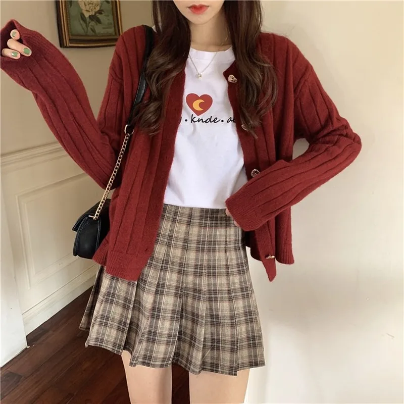 

Sweet Love Button Short Sweater Cardigan 2020 Autumn and Winter Korean Style Loose Slimming Pit Striped Knitted Coat for Women