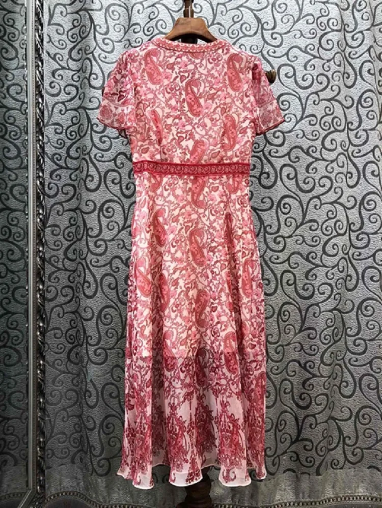 

Top Quality New 2020 Summer Dress Women V-Neck Vintage Print Crystal Beading Deco Short Sleeve Mid-Calf Length Dress Vestidos