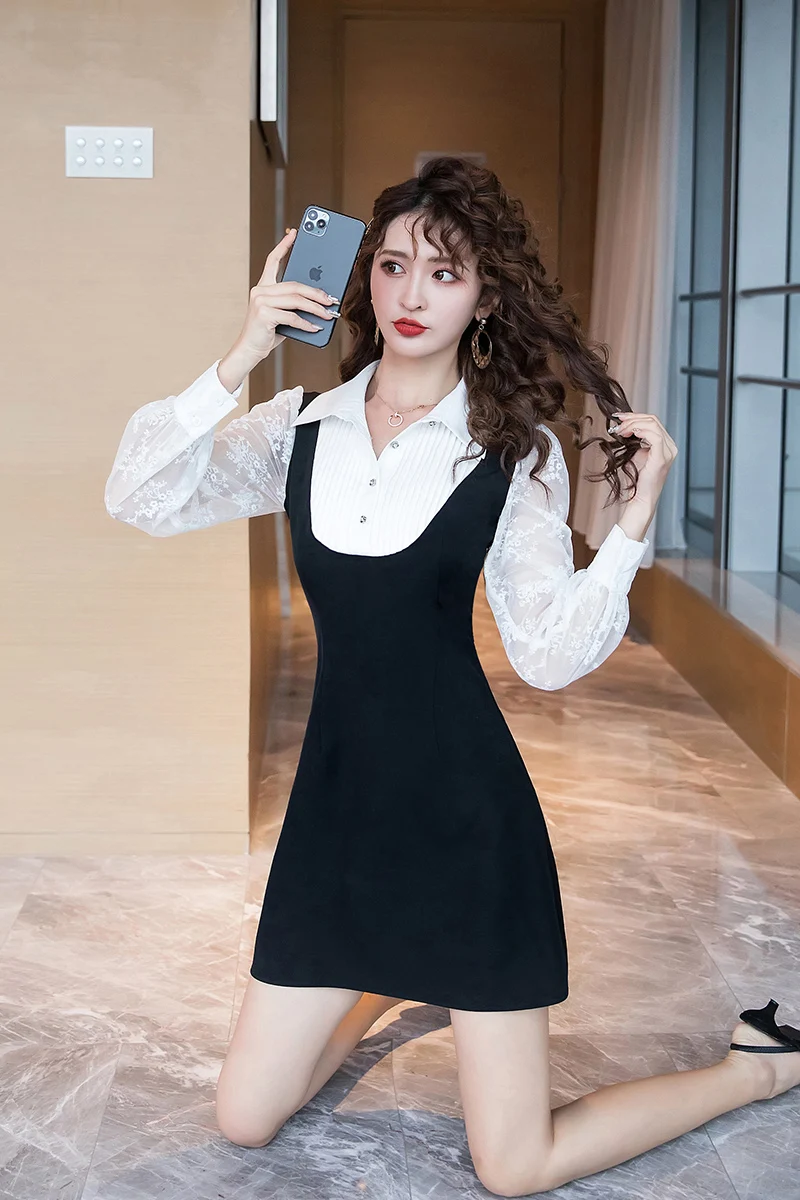 

COIGARSAM Women one-piece dress korean New Spring High Waist Dresses Black 2760