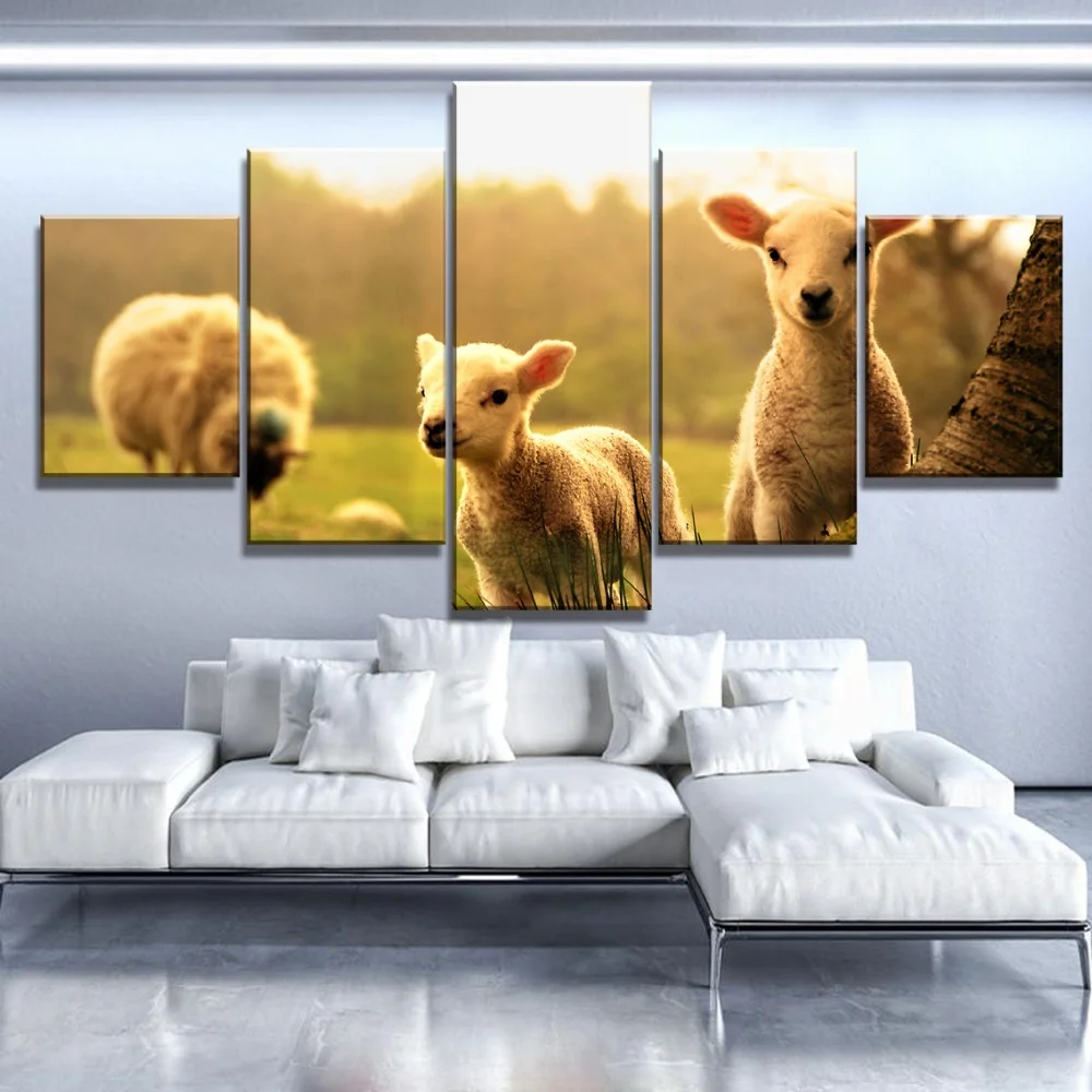 Картины на холсте 5 шт. HD печать большой закат флок овечка животные украшение для