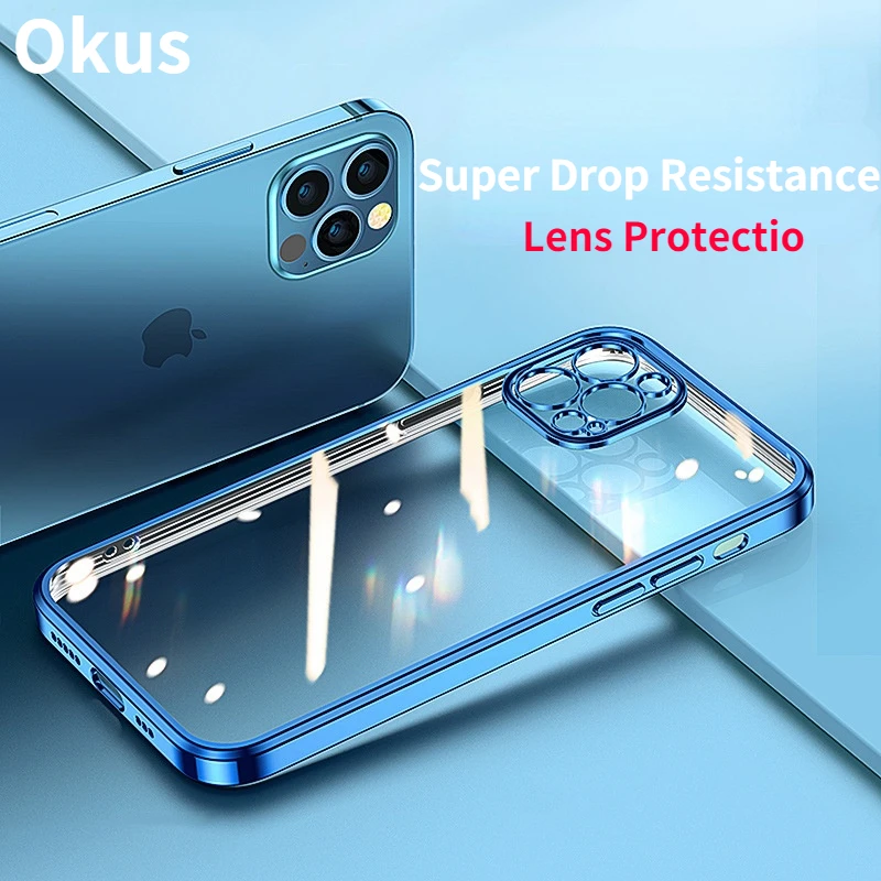 

Luxury Plating Square Frame Silicone Transparent Case on For iPhone 11 12 13 Pro Max Mini X XR 7 8 Plus SE 2022 Clear Back Cover