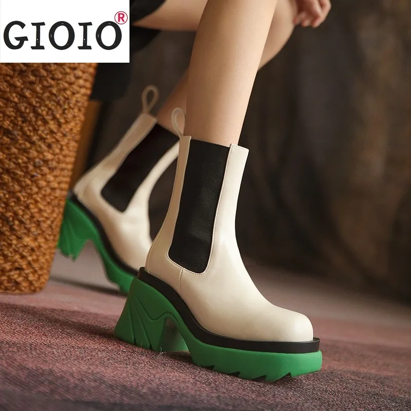 

Fashion Chelsea Women's Boots Autumn Square Heel Ankle Boots for Women High Heels 2021 Round Toe Slip-on Short Boots Woman Shoes
