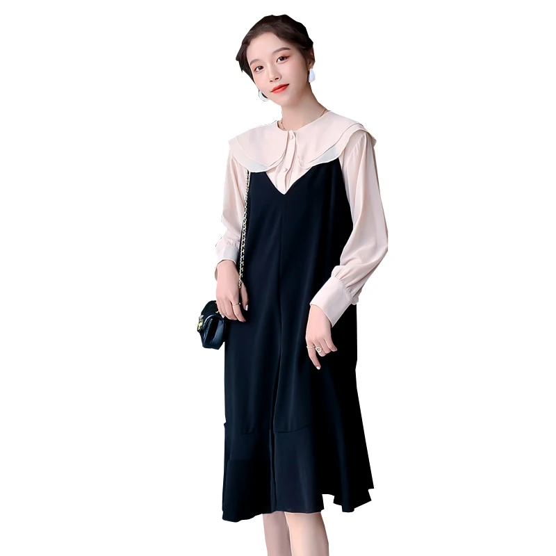 

1501# 2021 Spring Sweet Maternity Blouse + Sling Dress Sets Korean Fashion Clothes for Pregnant Women Elegant Pregnancy Dress