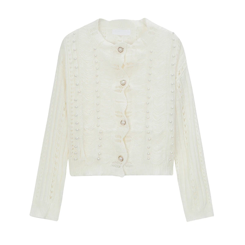 

Knitted Cardign Coat Women's Spring And Autumn New Chic Vintage Thin Long Sleeve Pearl Hollow-Out French White Sweater Female