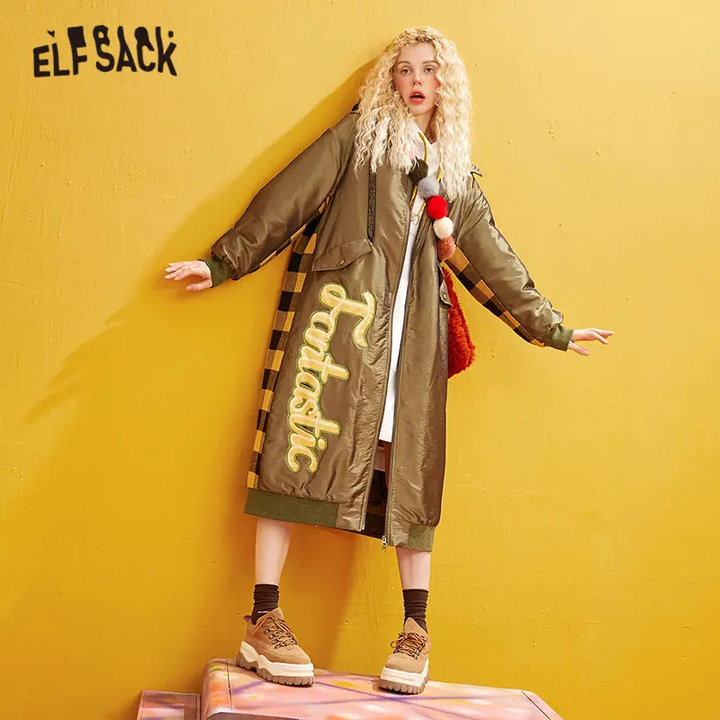 ELFSACK армейское зеленое клетчатое лоскутное корейское Стеганое пальто с вышивкой