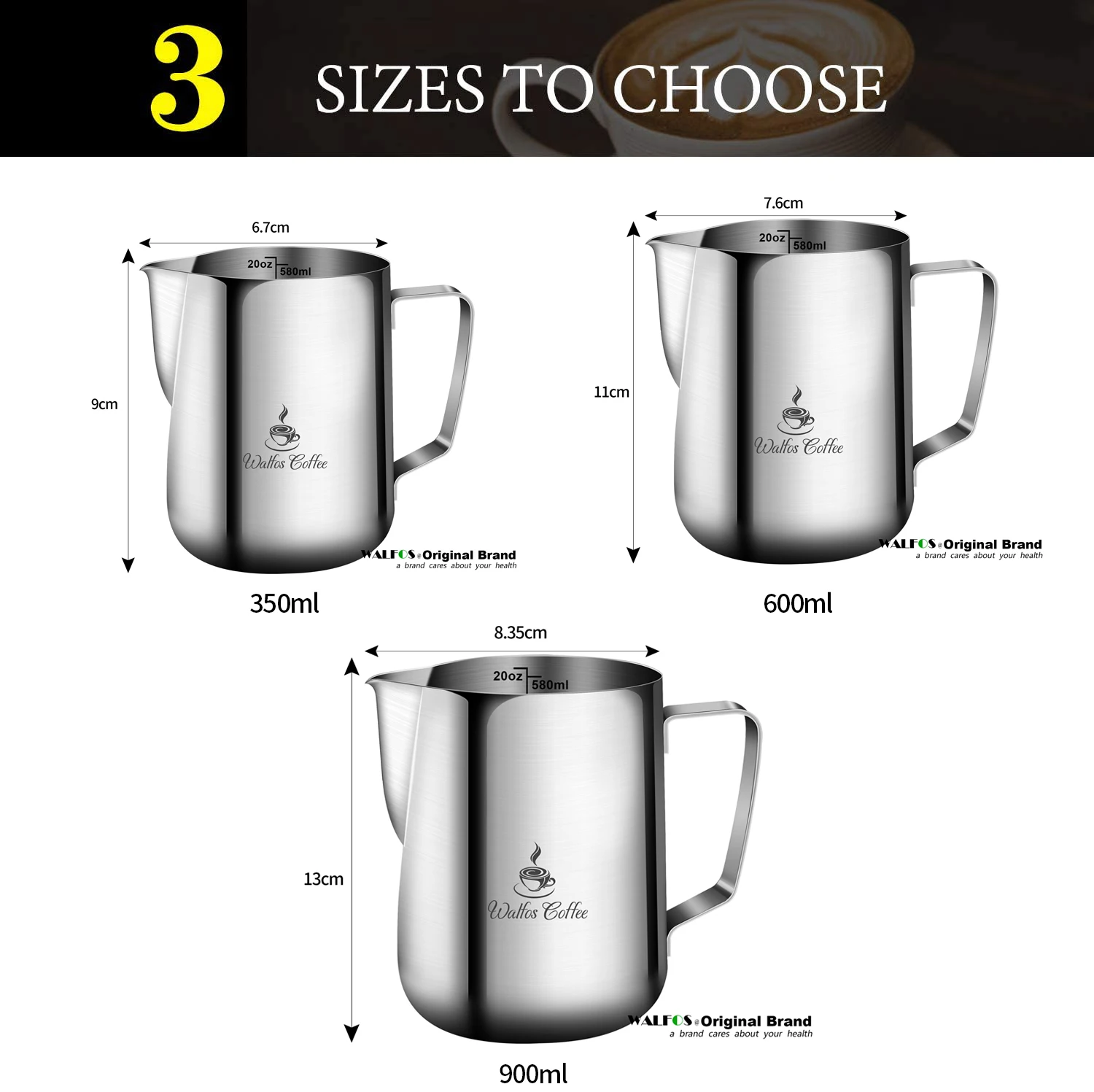 

Walfos Style Espresso Coffee Milk Mugs Cup Pots Jug Handle Craft Coffee Garland Cup Latte Jug Thickened Stainless Steel