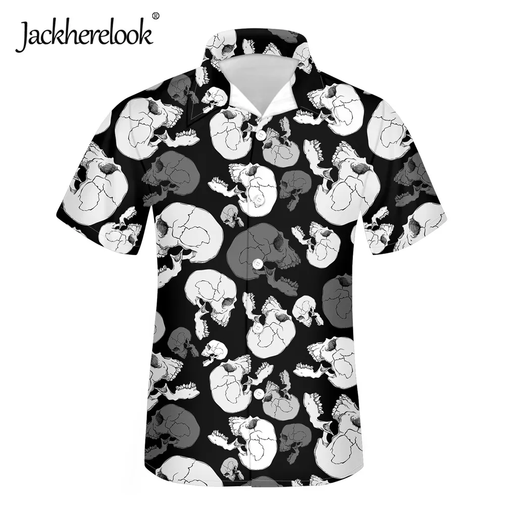 

Jackherelook Classic Black Cool Skull Print Men's Hawaiian Beach Shirts Summer Short Sleeve Casual Loose Male Tops Plus Size