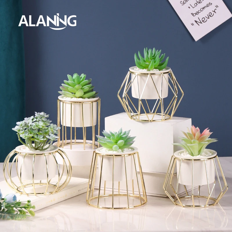

Artificial Plants Potted Plants Geometric Iron Pebble Ceramics Bonsai Fake Flower Faux Plants Home Office Desktop Decoration