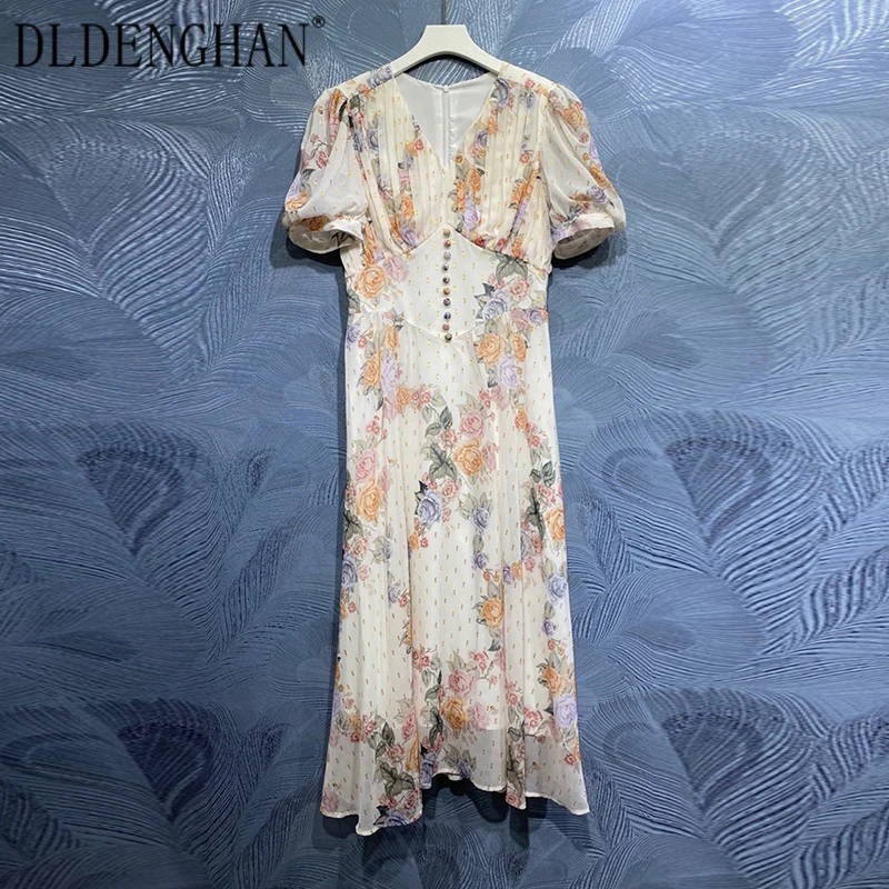 

DLDENGHAN Fashion Runway Designer Summer Dress Women's V-Neck Short Sleeve Floral Print Bohemian Party Midi Dresses