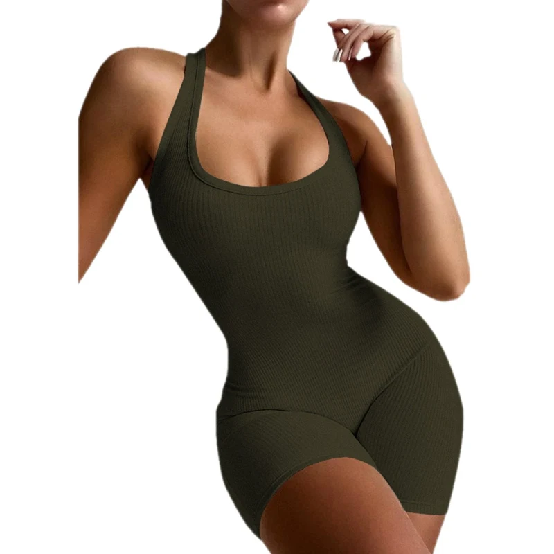 

2021 New Women's Solid Color Sexy Open Back Short Sport Jumpsuit
