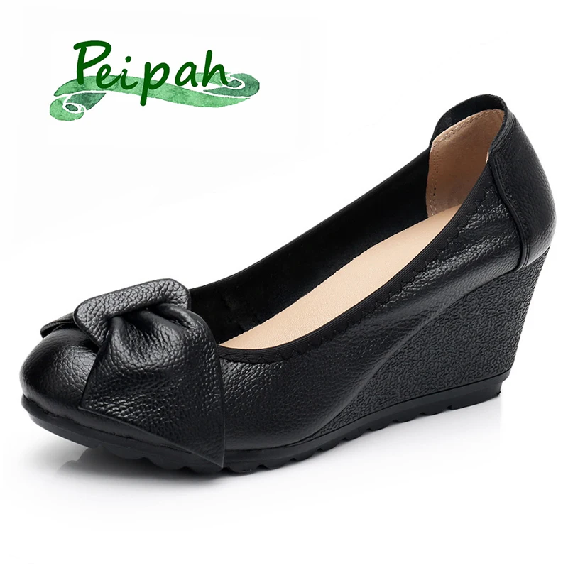 

PEIPAH Wedges Platform Shoes Woman Genuine Leather Women's High Heels Shallow Mary Jane Female Shoes Casual Slip-On Heel Pumps