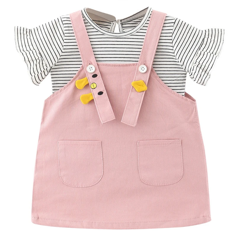 

2021 Summer Vest Sriped T-shirt Cartoon Belt Skirt Baby Girl Sweet Suspender Chic Dress Girls Princess Dress for Kids Clothing