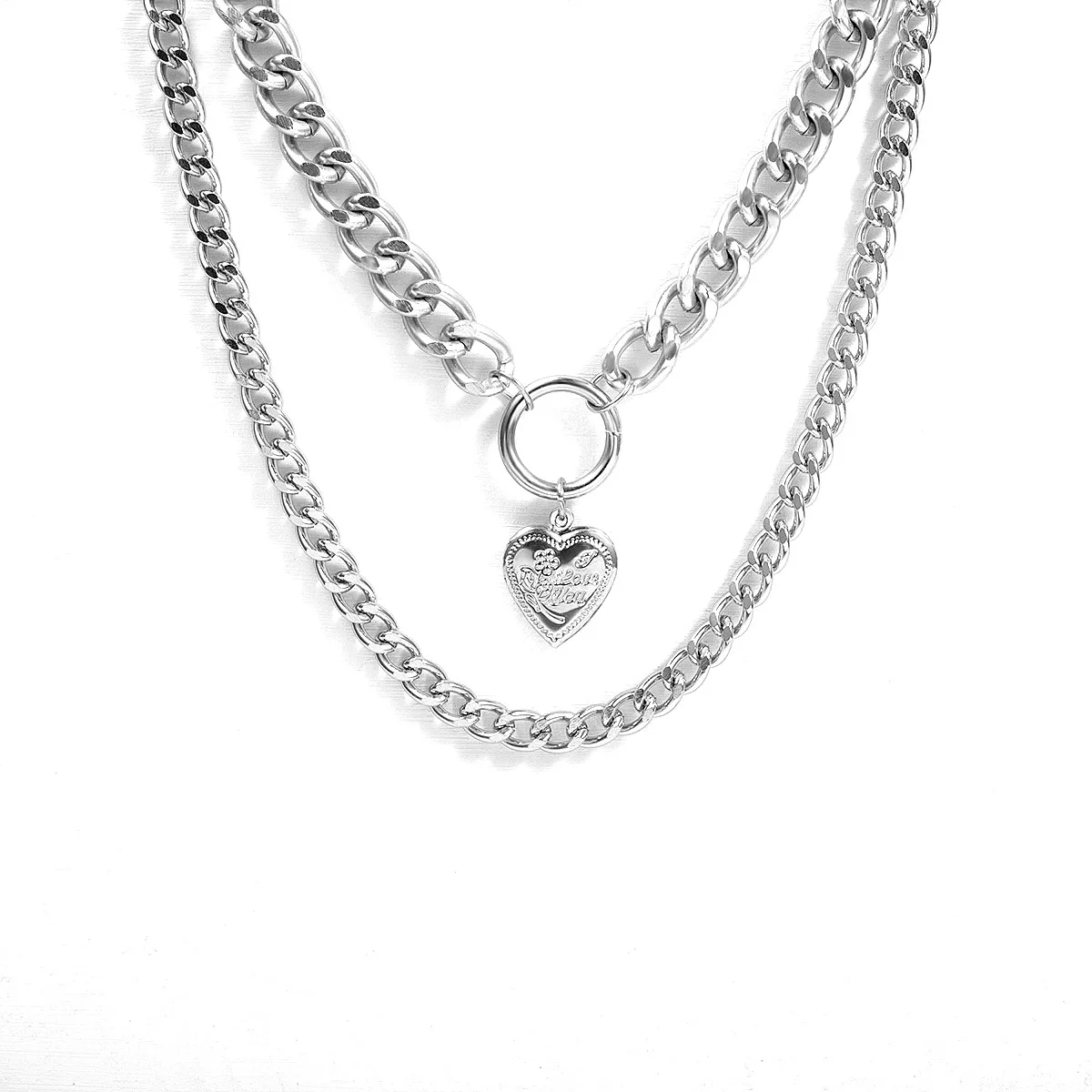 

New 2021 Punk Metal Heart Choker Necklace For Women Big Thick Chain Round Hollow Multilayer Pendant Long Necklaces Jewelry