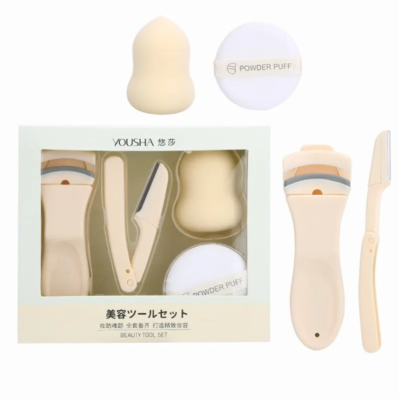 4PCS Set  Makeup Puff Blender Sponge Air Cushion Powder Puff Eyebrow Trimmer   Eyelash Curler Beauty CosmeticTool Kit