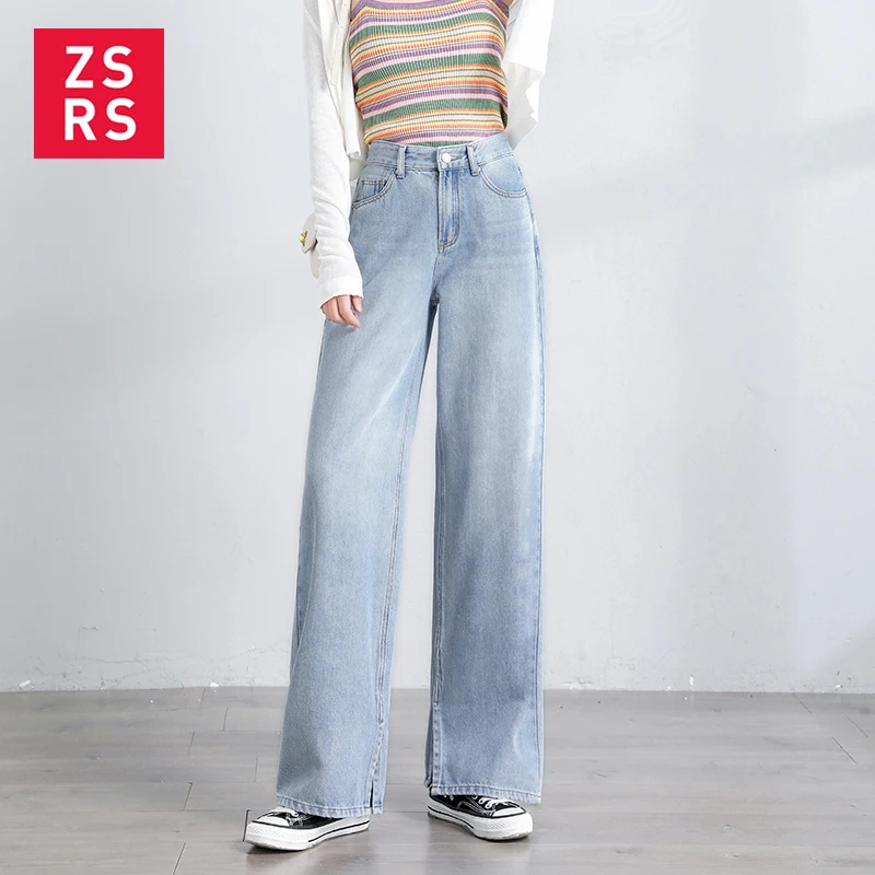

Zsrs High Waist Washed Blue Side Slit F Denim Pants Ladies Haute Femme Light Blue Korean 2020 Casual Loose Wide Leg Jean Femme