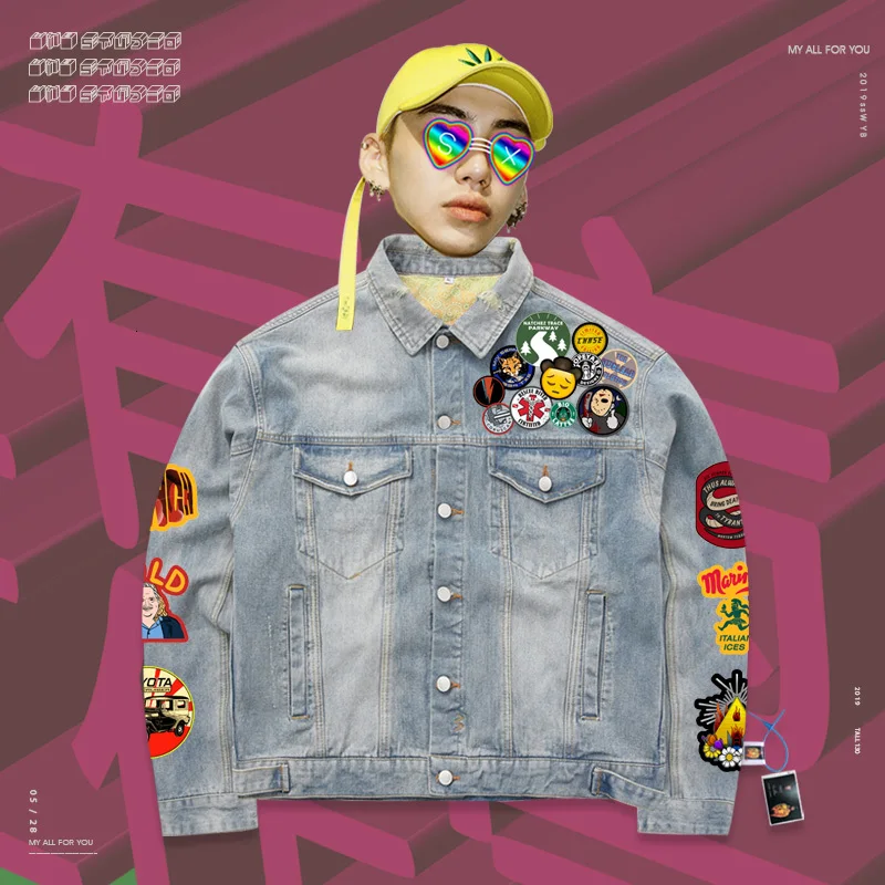 Джинсовая куртка Свободное пальто уличный злодей сшитый oldshcool принт высокий