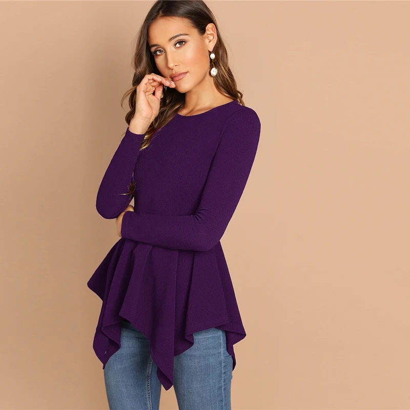 SHEIN Однотонный Топ С Асимметричным Низом И Молнией Женская Черная Классическая Блузка С Длинными Рукавами