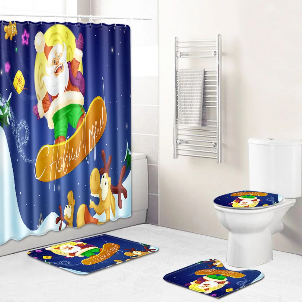 

Christmas tree snow Printed Pattern Shower Curtain Pedestal Rug Lid Toilet Cover Mat Non-slip Bath Mat Set Bathroom