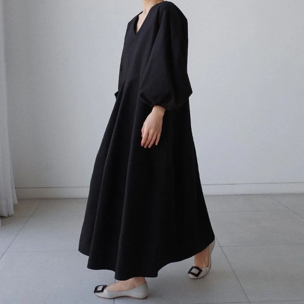 

Dress Japan Women 2021 Spring New V-neck Dress Slim Solid Color Over The Knee Long Loose Fashion Casual Lantern Sleeve Skirt