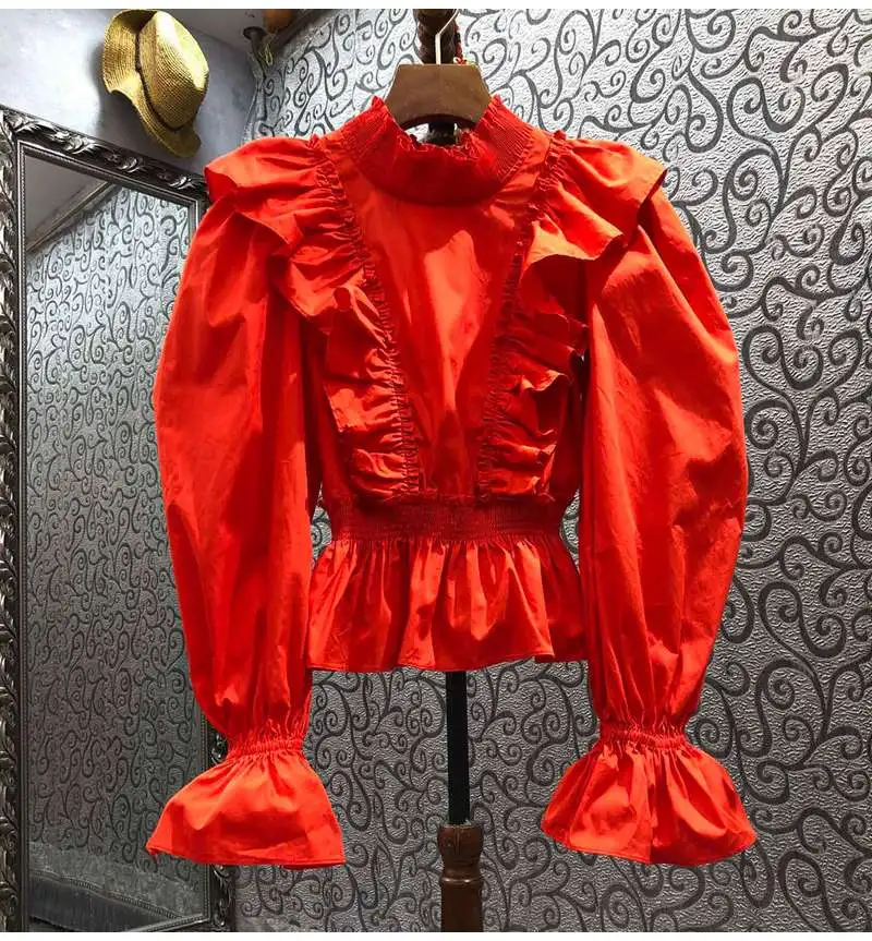 100%Cotton Red Blouse 2022 Spring Summer Fashion Tops Women Ruffle Deco Hollow Out Backless Flare Sleeve Casual Tops Blouse