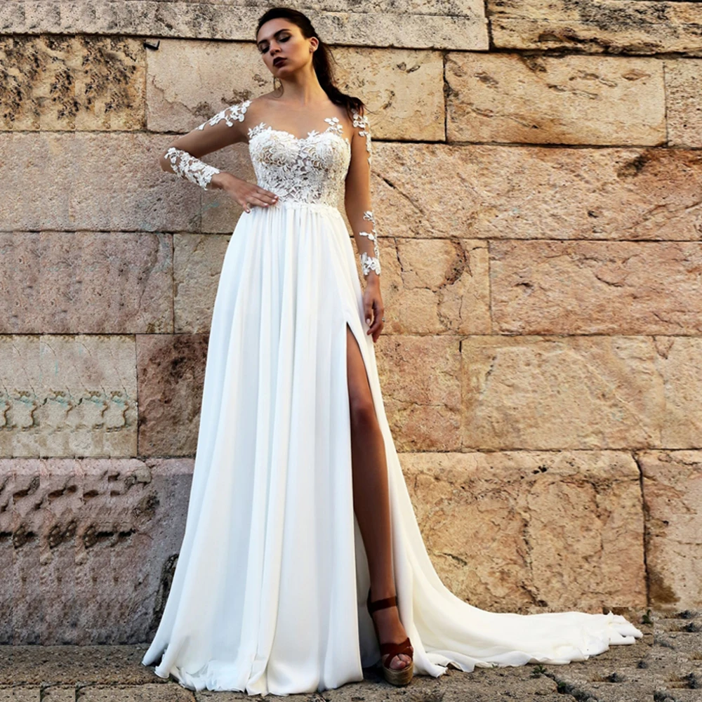 

Simple Long Sleeve Wedding Dresse A Line Chiffon O-neck Lace Applique Side Slit Sweep Train Bridal Gowns 2021 Vestidos De Noivas