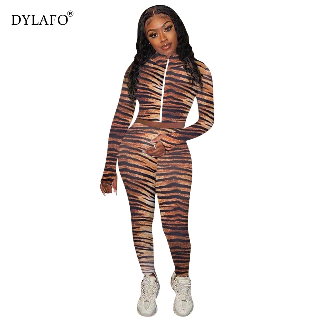 

2021 Women Autumn Round Neck Tiger Print Sweatshirt Pant Sportwear Tracksuit Women's clothing спортивный костюм