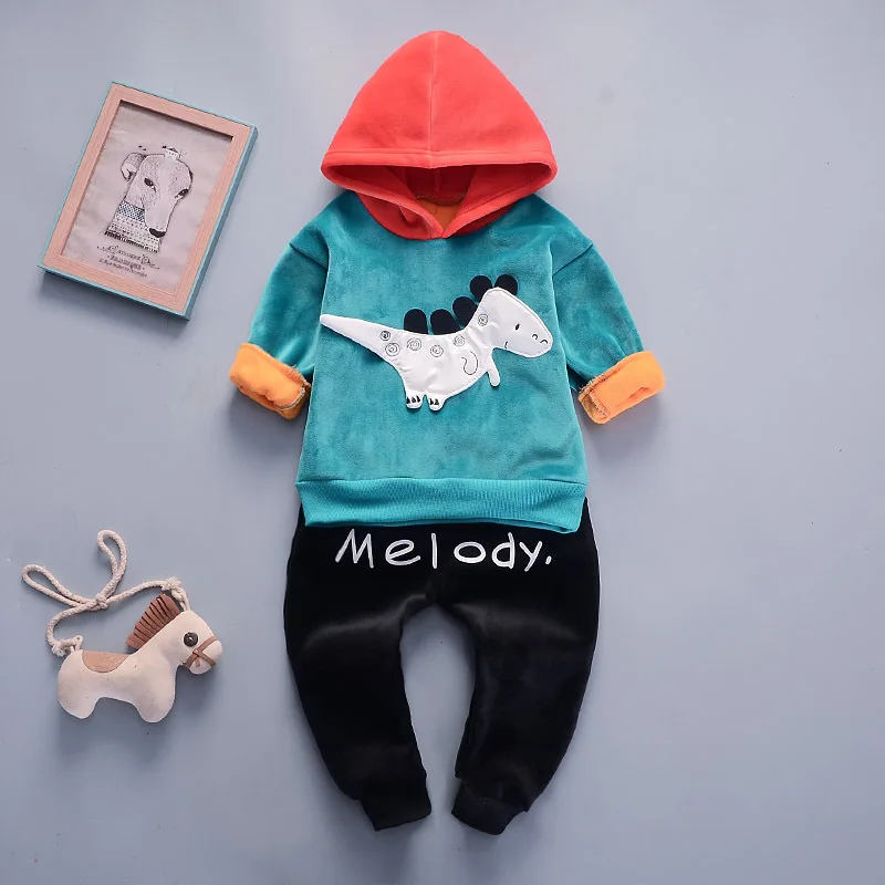 Осенне-зимний комплект одежды для мальчиков топы с капюшоном и принтом динозавра