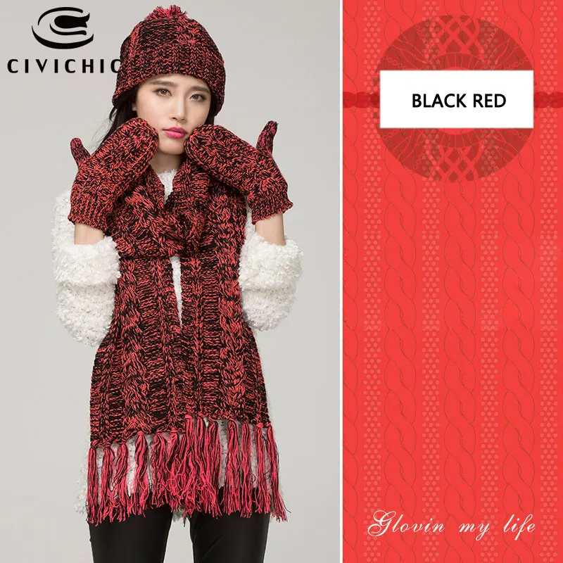 Black Red Шикарный женский вязаный шарф, шапка, перчатки из флиса и бархата, комплект из 3 предметов, осенний зимний головной убор, теплый помпон Skullies Beanies, грелка для шеи SH120 - Цвет: Black Red