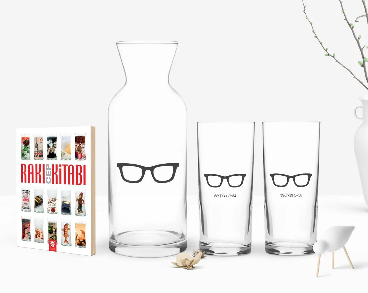 

Персонализированные Цветные принты имеет двойную Arrack чашки графин и карманная книжка подарок Seti-129