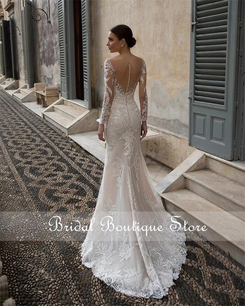 luxury Mermaid Wedding Dress Overskirts Long Sleeve Lace Beaded Wedding Bridal Gowns Vestido De Novia