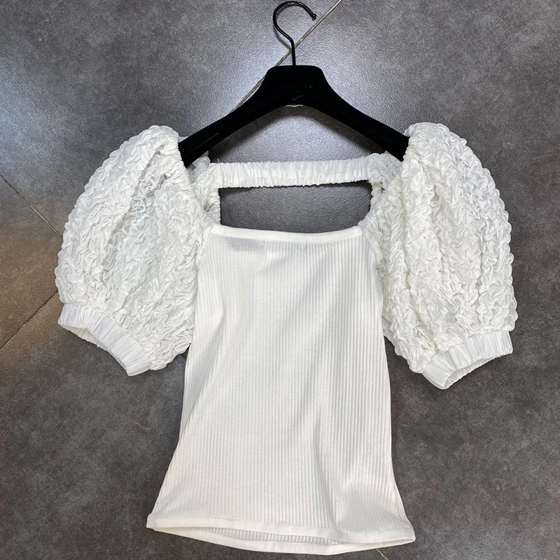 

SISPELL Puff Short Sleeve Blouses For Female O Neck Cut Out High Waist Slimming Solid Color Women's Casul Shirt Fashion New