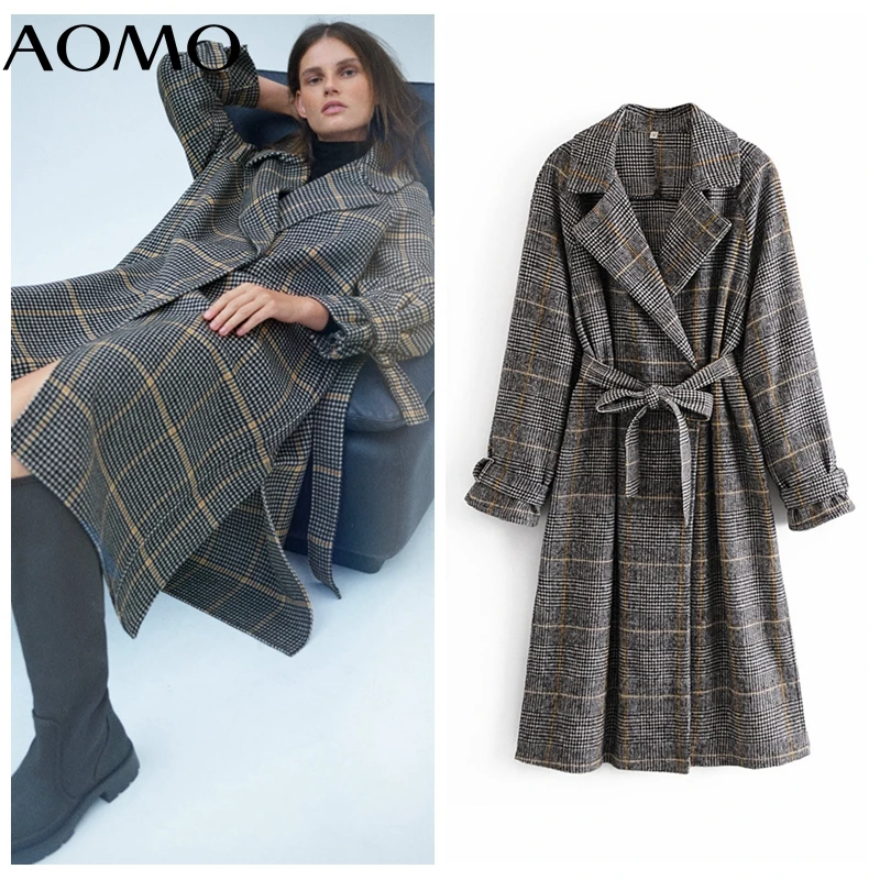 

AOMO Women Oversized Houndstooth Thick Long Coats with Slash Loose Long Sleeves Pocket Office Ladies Elegant OverCoat 3W97A