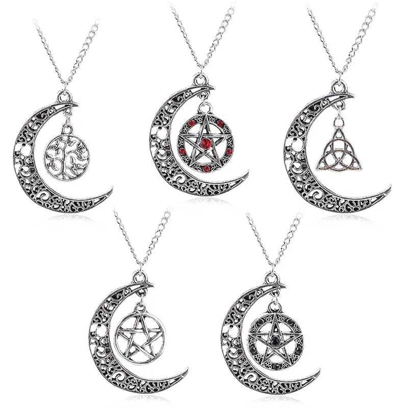 

Supernatural Necklaces Pentagram Protection Crescent Half-Moon Star Amulet Pendant Necklace for Women Men Choker Jewelry