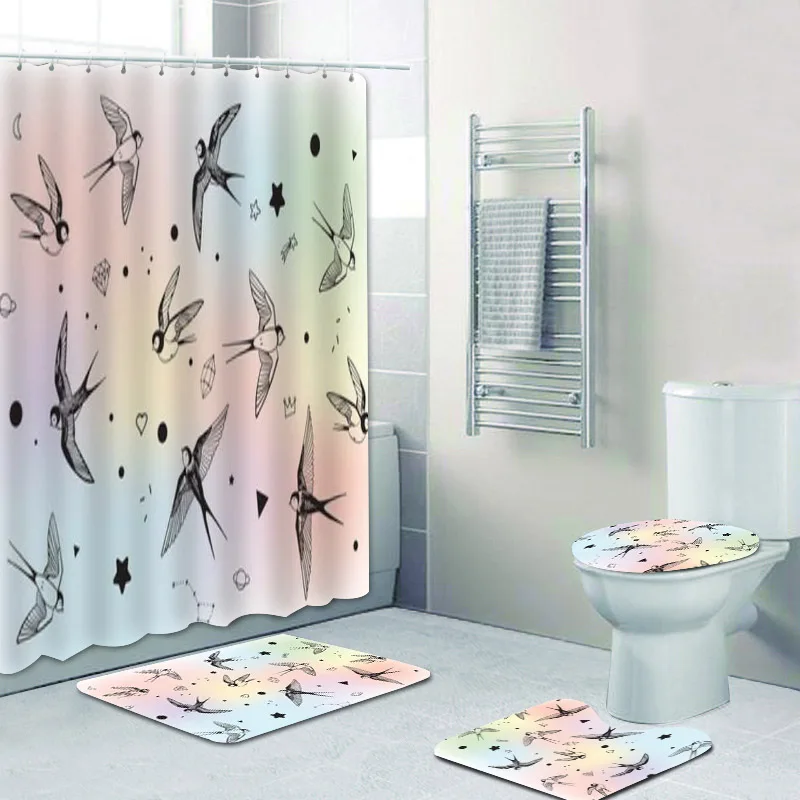 

Girly Galaxy Cartoon Swallows in Sky Bath Shower Curtains for Kids Bathroom Colorful Chick Bird Mats Rugs for Toilet Home Decor