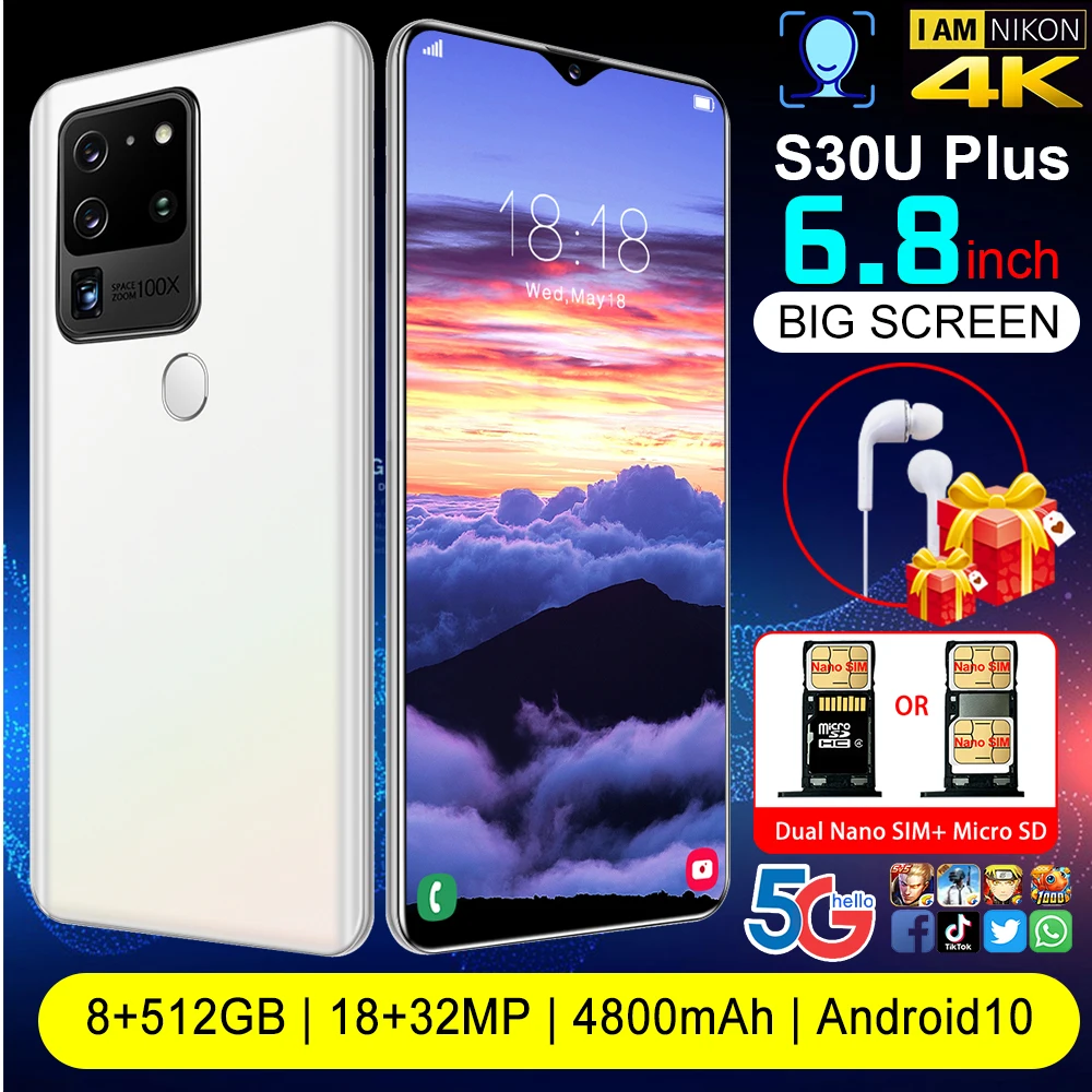 

S30U Plus Mobile Phones 6.8-inch HD 18+32MP 4800mAh 8GB+512GB Cell phone MTK6889 Deca Core Smartphone Android Face recognition