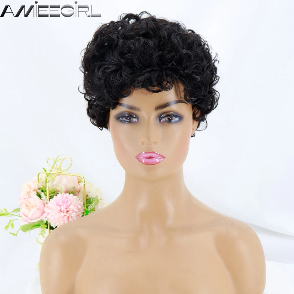 

AMIEEGIRL black short naturally curved daily minimalistic wig