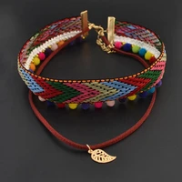 bohemian vintage handmade cotton embroidery choker necklace for women woven plush ball pendant ethnic collares gypsy jewelry