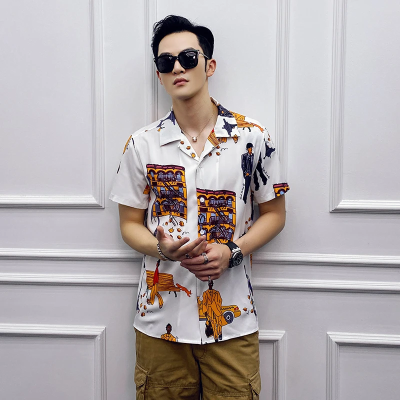 

New 2020 Fashion Digital Print Mens Casual Flower Shirts Slim Fit Man Blouse Men Clothes 4XL High Quality Men Shirt Short Sleeve