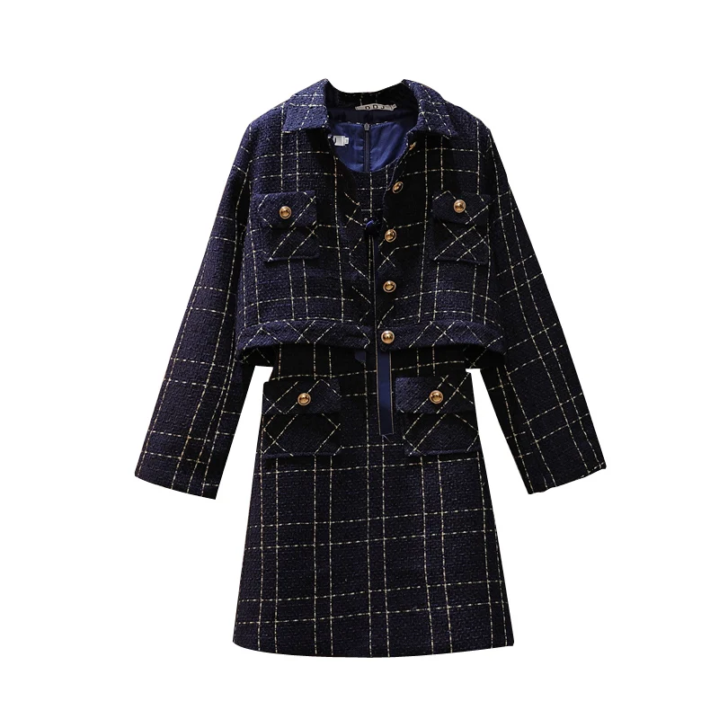 

Fall Big Yards Dress With Top Grid Fashion Two-Piece Clothing Set Women Jacket Dress Plaid Outfit Design Vestido Tops Suit SALE