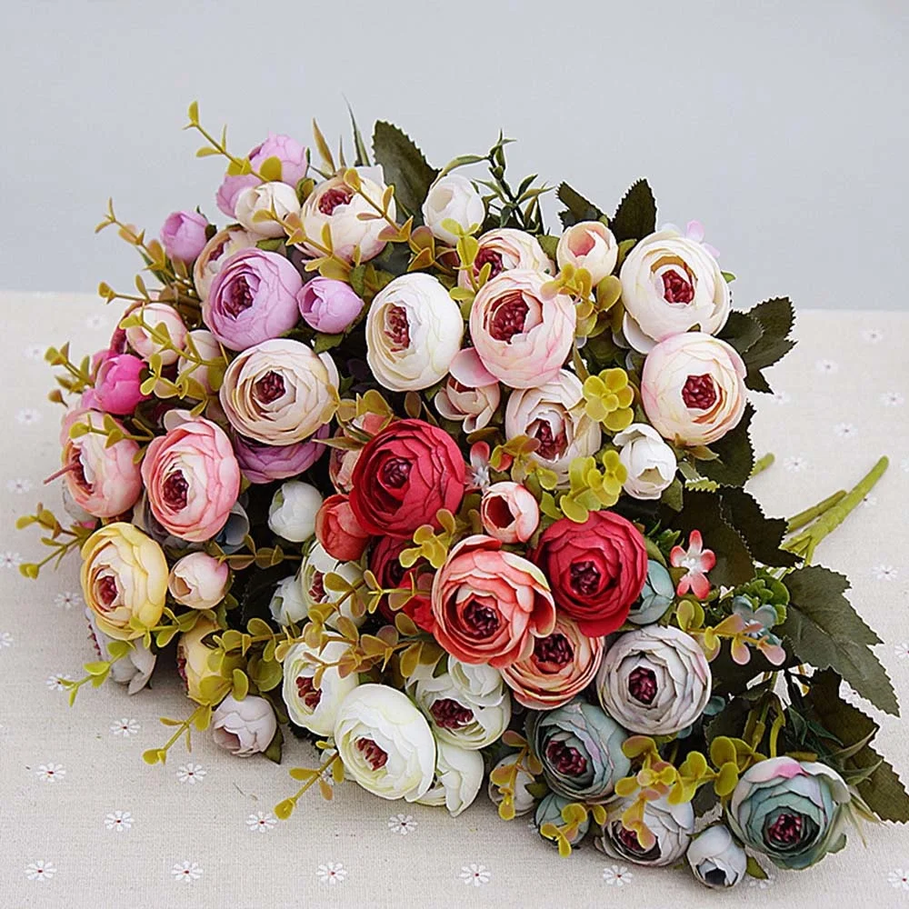 

Ramo de novia de rosas de té para Navidad, hogar, boda, Año Nuevo, decoración de plantas falsas, flores artificiales, 10