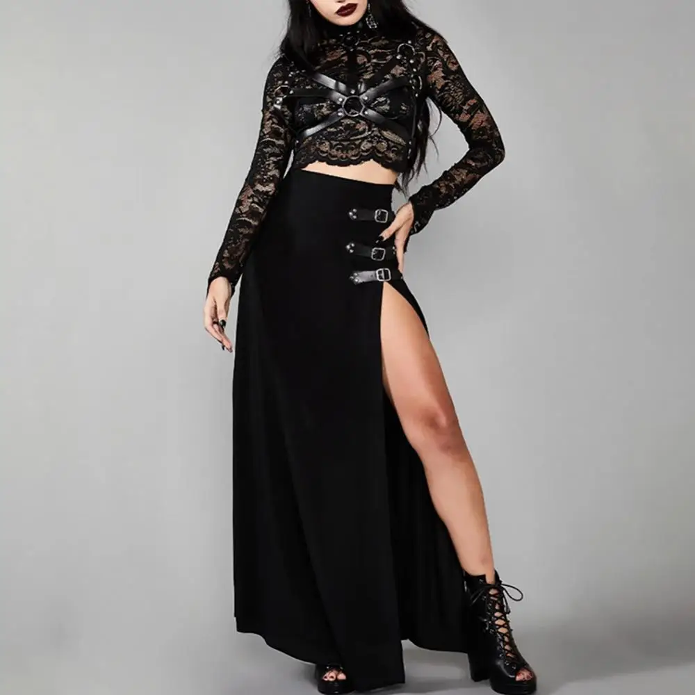 

2021 Summer Fashion Gothic Women Solid Color Long Side High Slit High Waist Ankle Length Long Casual Skirt Streetwear