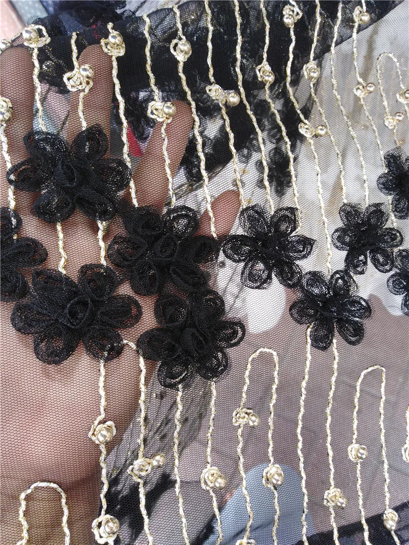 

beautiful beads appliqued french lace fabric 5yards 3D flowers mesh lace with beads gold thread embroidery lace ZDMAY281