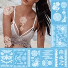 Индийский Арабский Дизайн Временная водостойкая татуировка стикер белое кружевное платье невесты татуировки золотого и серебряного паста поддельные татуировки Мандала для боди-арта ручной колье-чокер