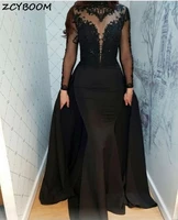 black mermaid evening dresses 2022 elegant women formal party night sexy high neck lace appliques illusion satin long prom gowns