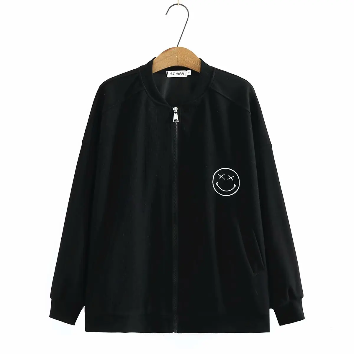 

women sweetshirts oversize fashion stand collar Smiley embroidery Women's jacket black gray pink women's clothing 2021