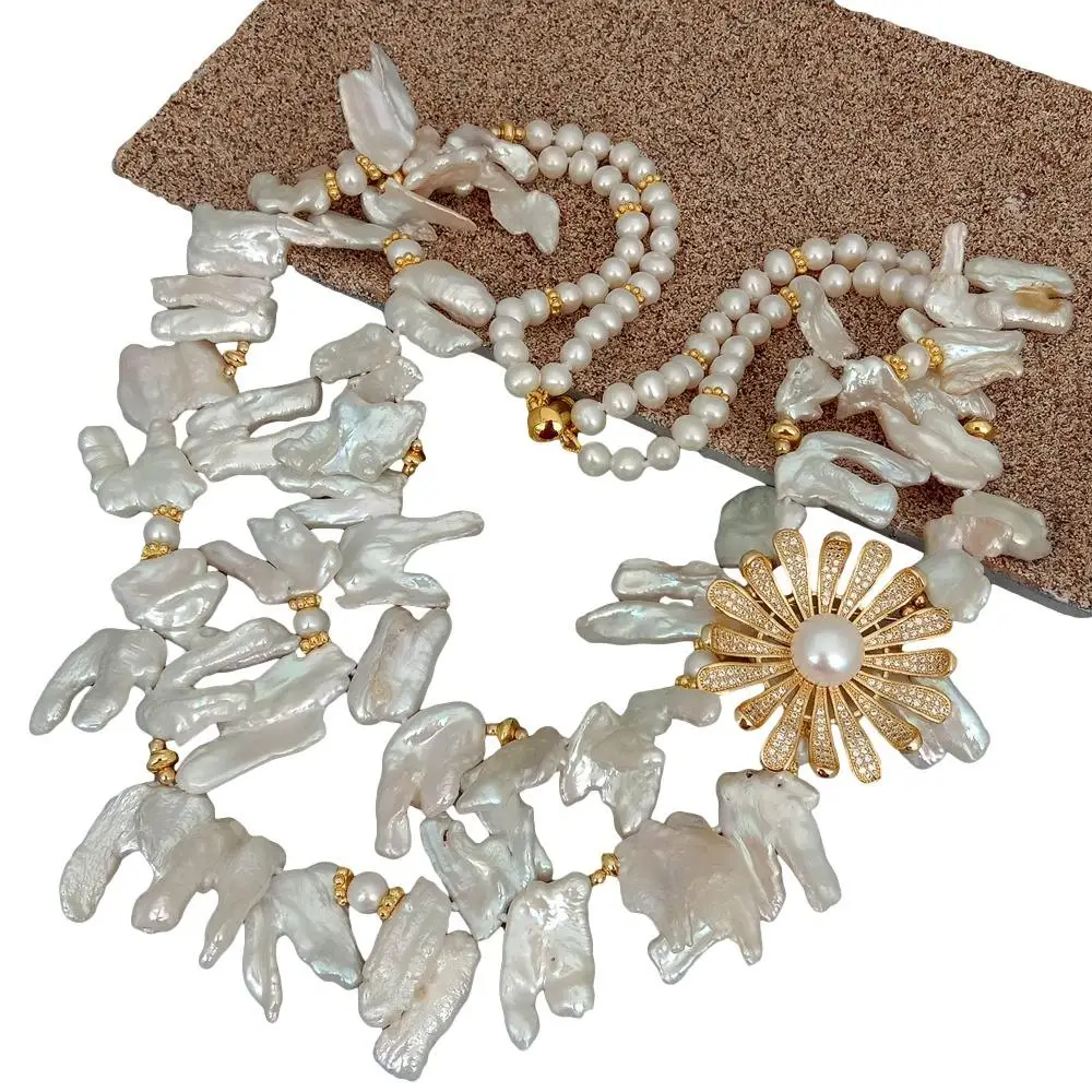 

YYING 2 Strands Cultured White Keshi Pearl Necklace Cubic Zirconia Pave Flower connector 21"