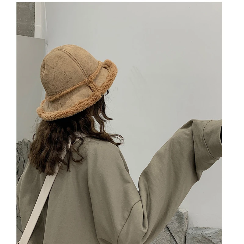 

Solid Suede Lamb Hair Warm Female Cap Faux Fur Winter Bucket Hat for Women Outdoor Sunscreen Sun Hat Panama Lady Cap